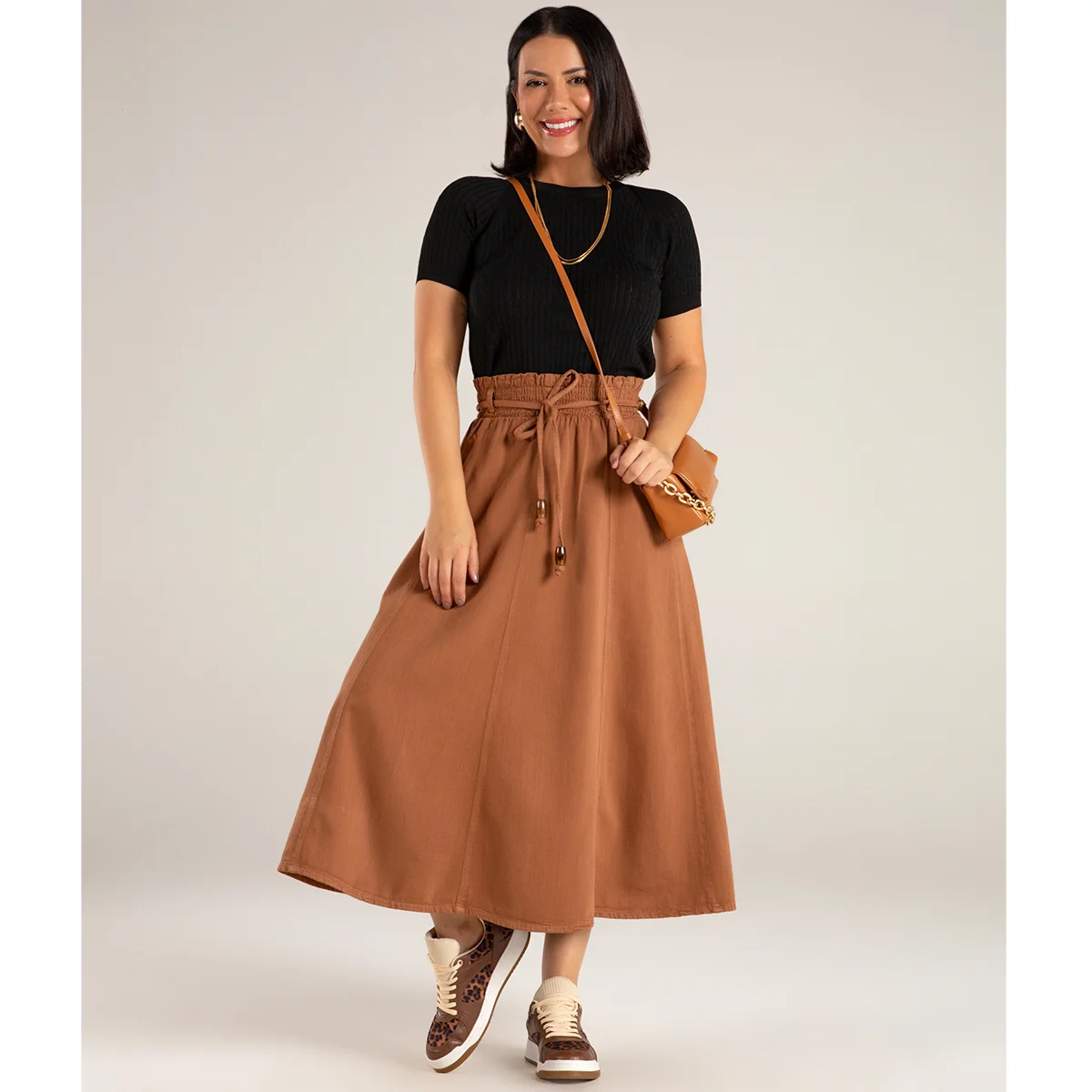 Saia Midi Linho Feminina Marrom Aroma