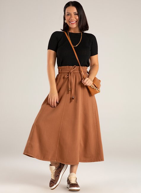 Saia Midi Linho Feminina Marrom Aroma