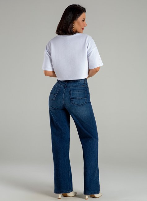 Calça Wide Leg Jeans Escuro Feminina - Main Image